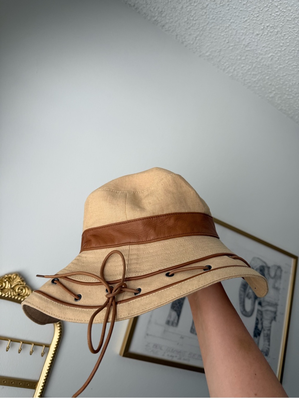 Hermes Beige Safari Bucket Hat with Brown Leather Trim